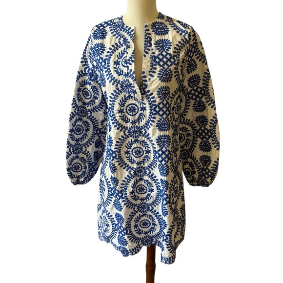 CONNIE ROBERSON DRESS SHIFT SPLIT NECK EMBROIDERED BOHEMIAN RESORT CRUISE XS - Picture 2 of 11